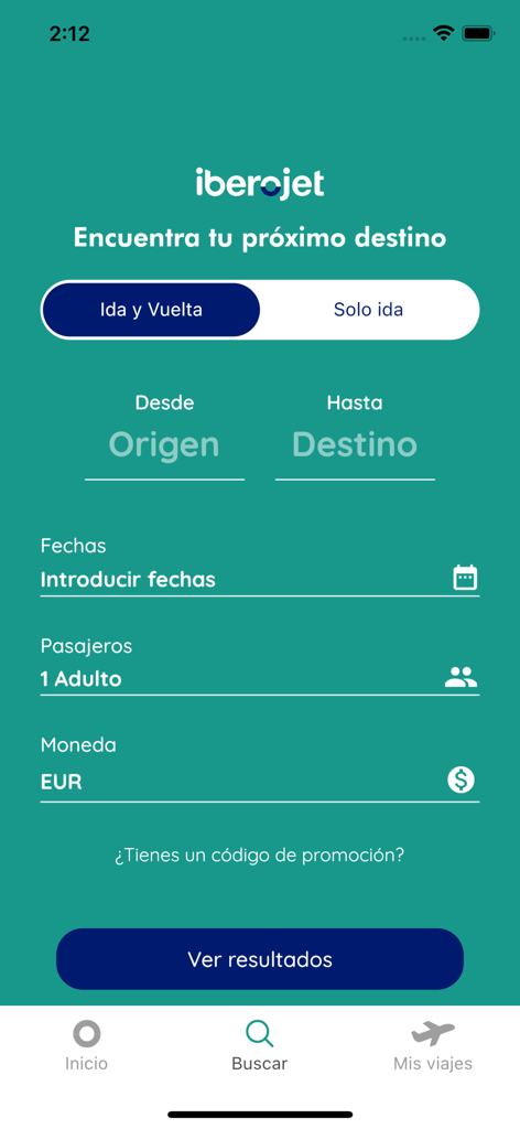 Pantalla de búsqueda de vuelos de la app móvil Iberojet Airlines que muestra campos para origen, destino y fechas