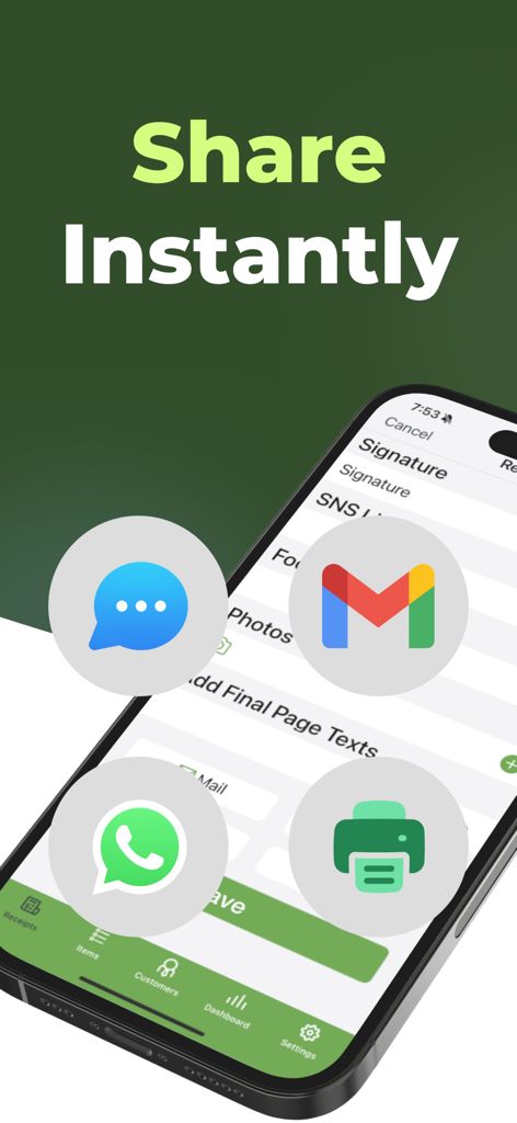 Receipt Maker - Smartphone screen of Receipt Maker app highlighting instant sharing features through email, messaging, and printing