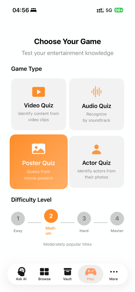 The game selection screen of Kiss AI app featuring Video, Audio, Poster, and Actor quizzes with adjustable difficulty levels.