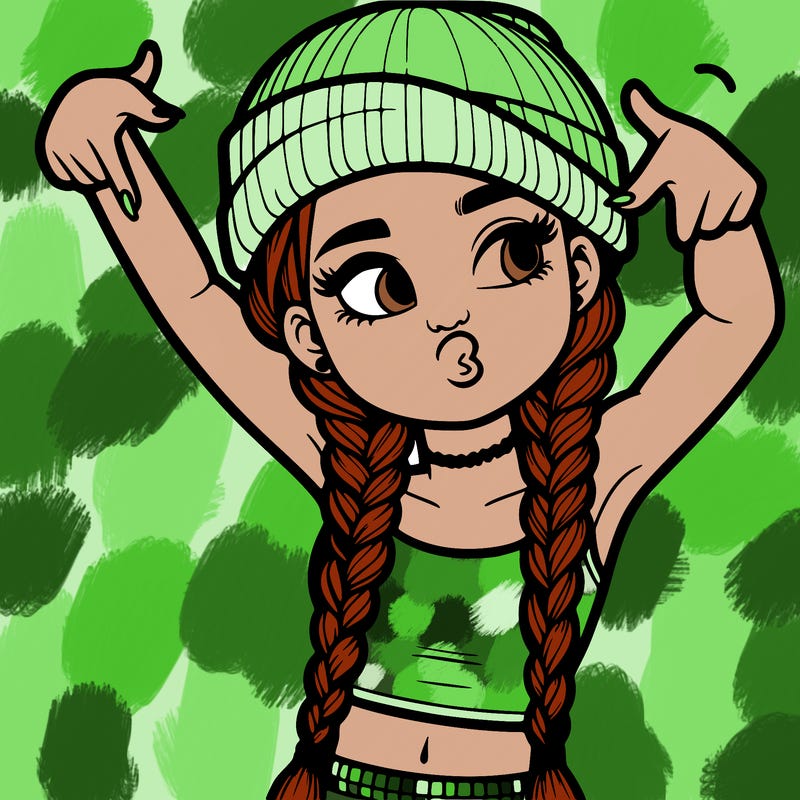 realistic teenage girl with braids and a beanie and crop top doing 🫶🏼