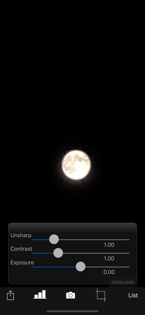 MoonCatcher - MoonCatcher app interface with a moon photo and editing sliders for unsharp contrast and exposure