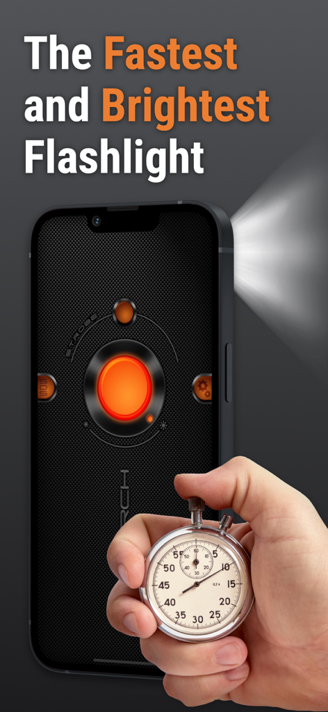 Écran d'iPhone affichant une application de lampe de poche avec modes SOS et stroboscope à côté d'une main tenant un chronomètre pour montrer la vitesse