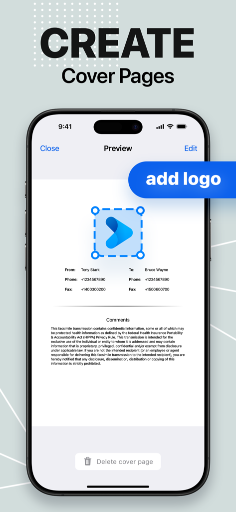 FaxFree: Send Fax From iPhone - Interfaccia utente che mostra come creare e personalizzare frontespizi fax professionali con un logo su iPhone.