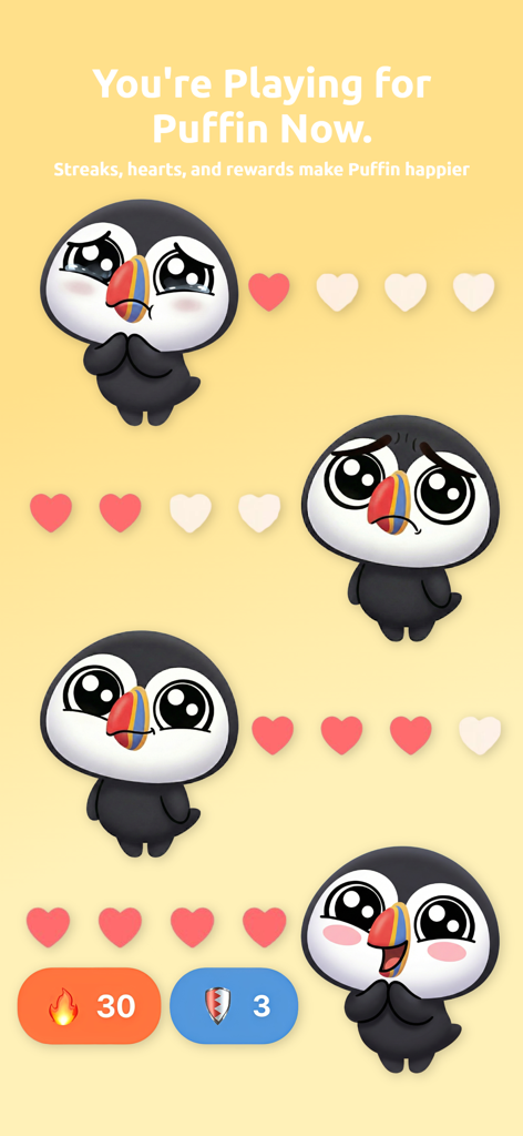 Puffin: Acne Tracker - Vier Stadien des Puffin-Maskottchens, die unterschiedliche Emotionen basierend auf Gewohnheits-Serien und Konsistenz-Herzen zeigen