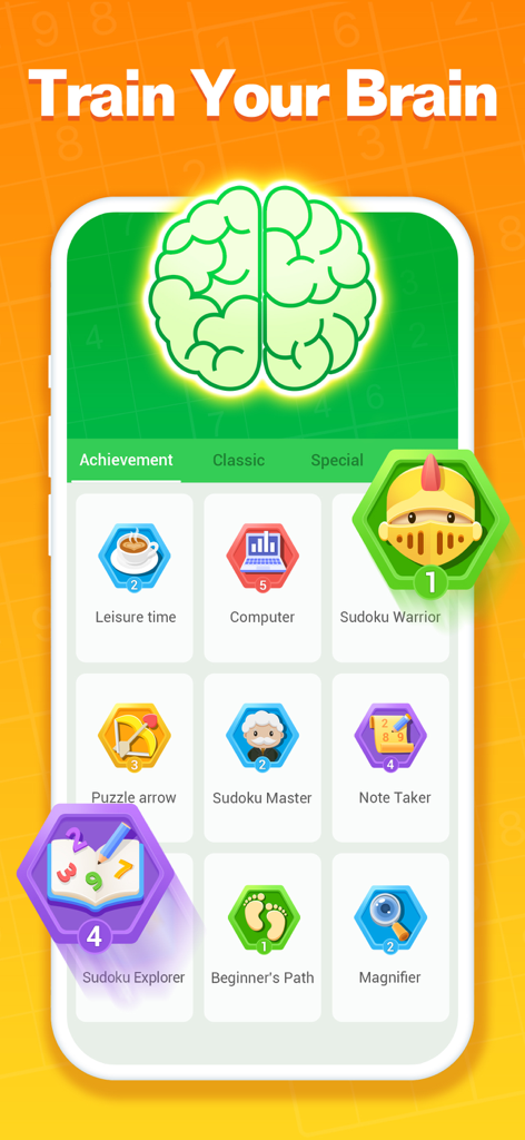 Screenshot of Sudoku Journey achievement page showing various earned badges and brain training milestones