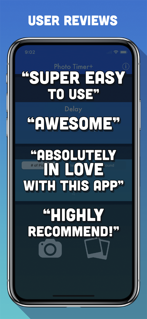 Écran de smartphone affichant des témoignages et des avis positifs d'utilisateurs concernant l'application Photo Timer Plus.