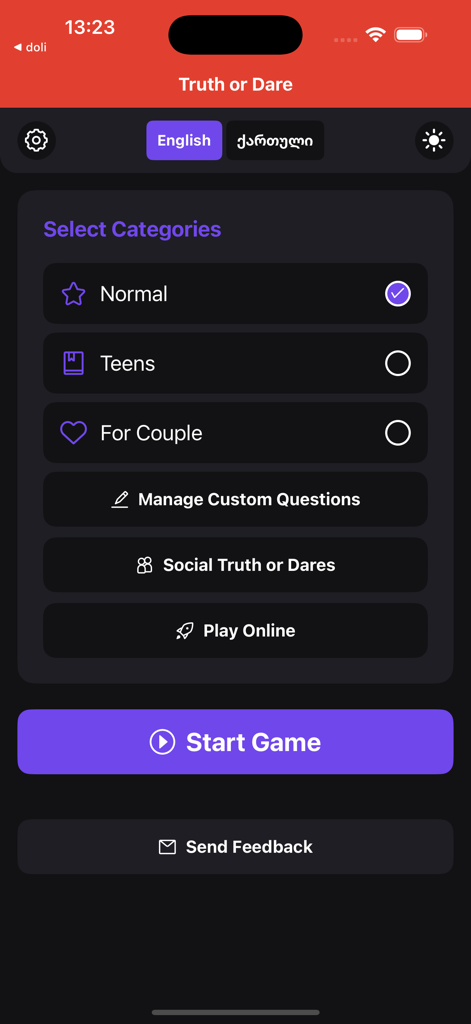 Truth or Dare Play Online - Écran de sélection des catégories de l'application mobile Vérité ou Conséquence montrant les modes Normal Adolescents et Couples.