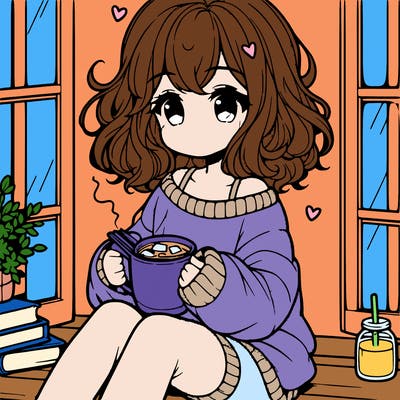 cute anime girl reading book and drinking hot chocolate from mug with loose wavy hair wearing a baggy sweatshirt and shorts sitting by windowsill looking out
