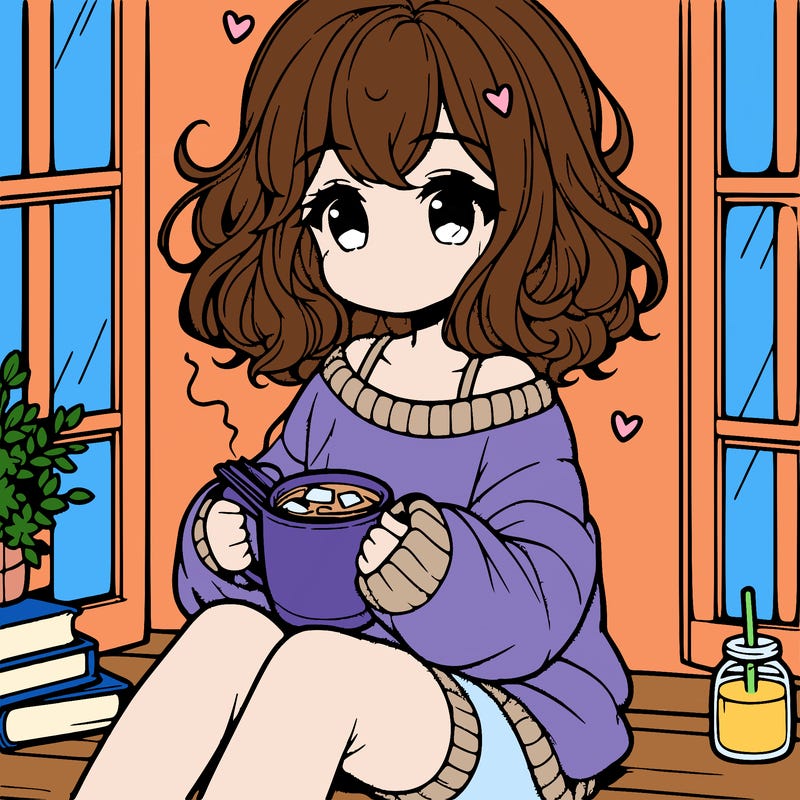 cute anime girl reading book and drinking hot chocolate from mug with loose wavy hair wearing a baggy sweatshirt and shorts sitting by windowsill looking out