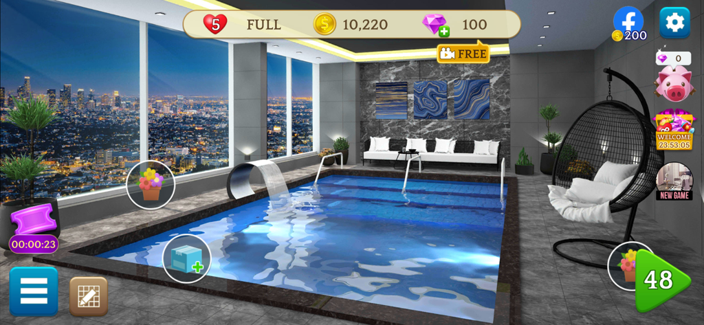 MyHome Design Hotel Renovation - Piscina interna di lusso moderna con vista sullo skyline della città di notte in un gioco di design d'hotel