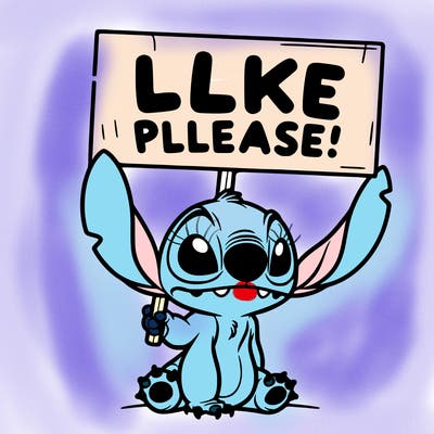 stitch holding a sign saying like please