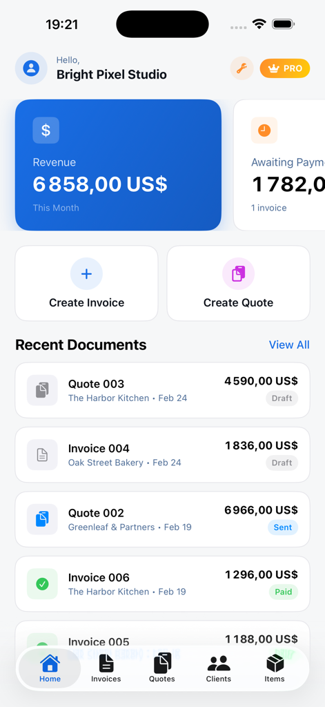 Invoice Maker & Estimate App • - Dashboard of the Invoice Maker app showing monthly revenue and recent business documents