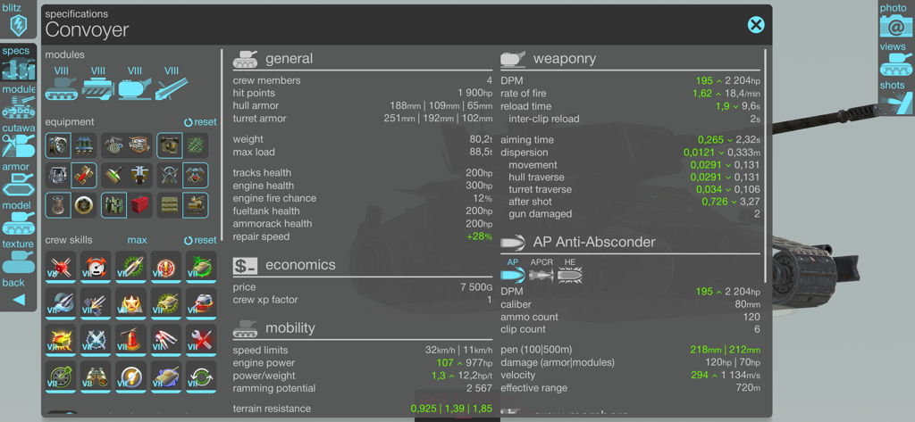 Detailed technical specifications dashboard for a tank in Armor Inspector showing modules equipment weaponry and mobility stats