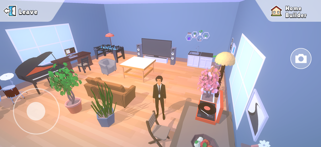 Pocket City 2 - A 3D character standing in a customized house interior featuring a piano, foosball table, and various furniture in Pocket City 2.