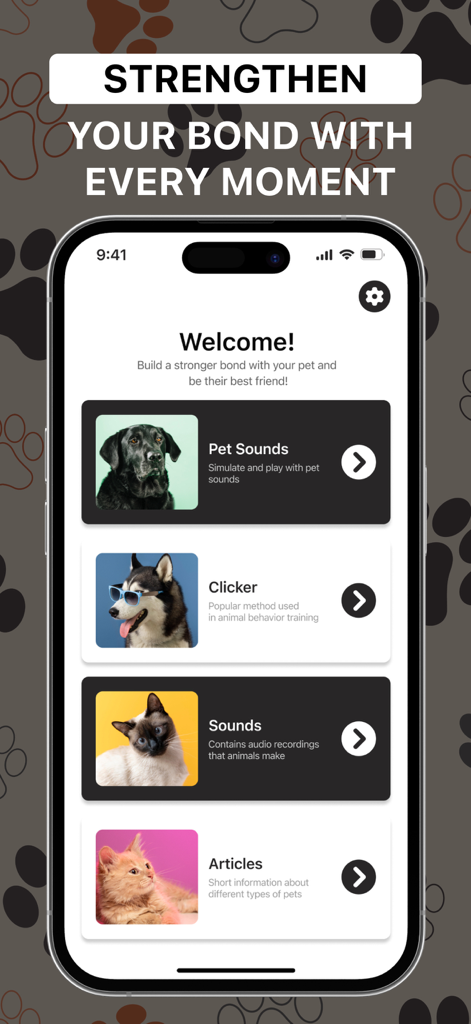 Cat & Dog: Pet Sound Talking - Interfaz de la aplicación Cat and Dog Pet Sound Talking mostrando opciones de menú para sonidos de mascotas, un clicker de entrenamiento y artículos educativos.
