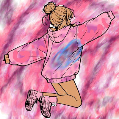 realistic girl jumping with a bun and oversized sweatshirt