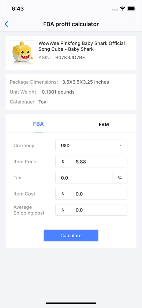Interface of the FBA Seller Profit Calculator app showing cost inputs for an Amazon product.