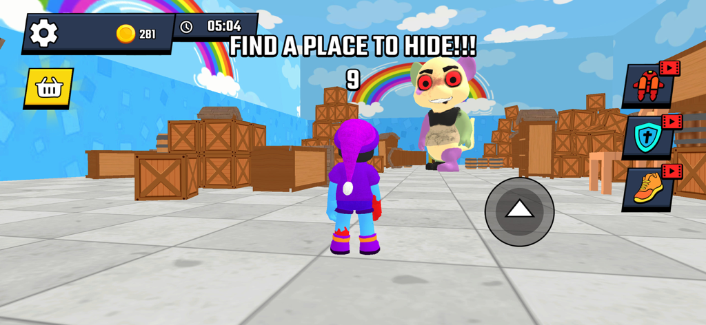 Escape from Dungeon World - A purple character in a colorful room with rainbows and crates looks for a hiding spot from a large monster in Escape from Dungeon World.