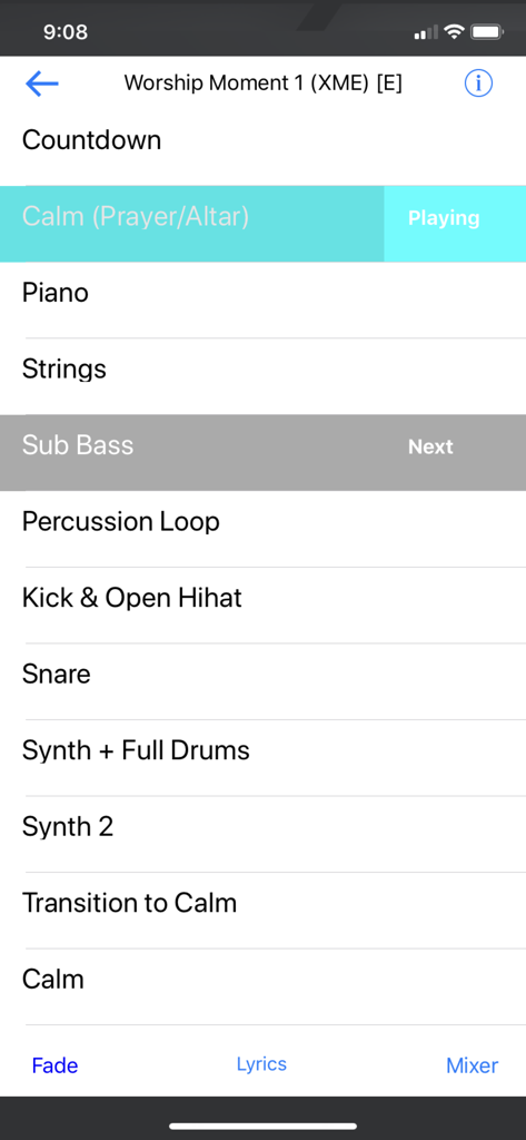 Worship Backing Tracks - User interface of the Worship Backing Tracks app showing live song sections and playback controls