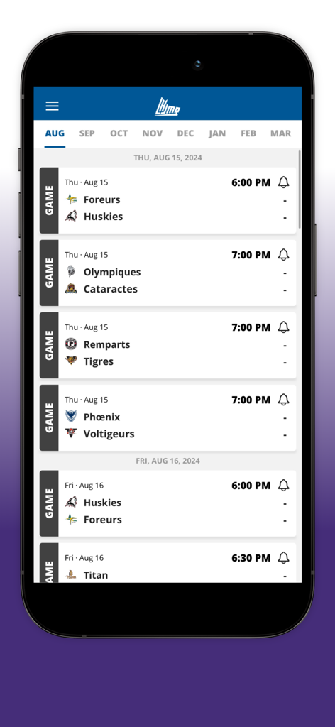 CHL Official App showing upcoming QMJHL hockey game schedules and team matchups