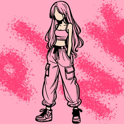girl in baggy pants crop top and long hair
