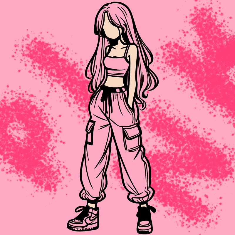 girl in baggy pants crop top and long hair