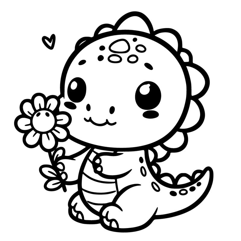 cute little dinosaur holding a flower