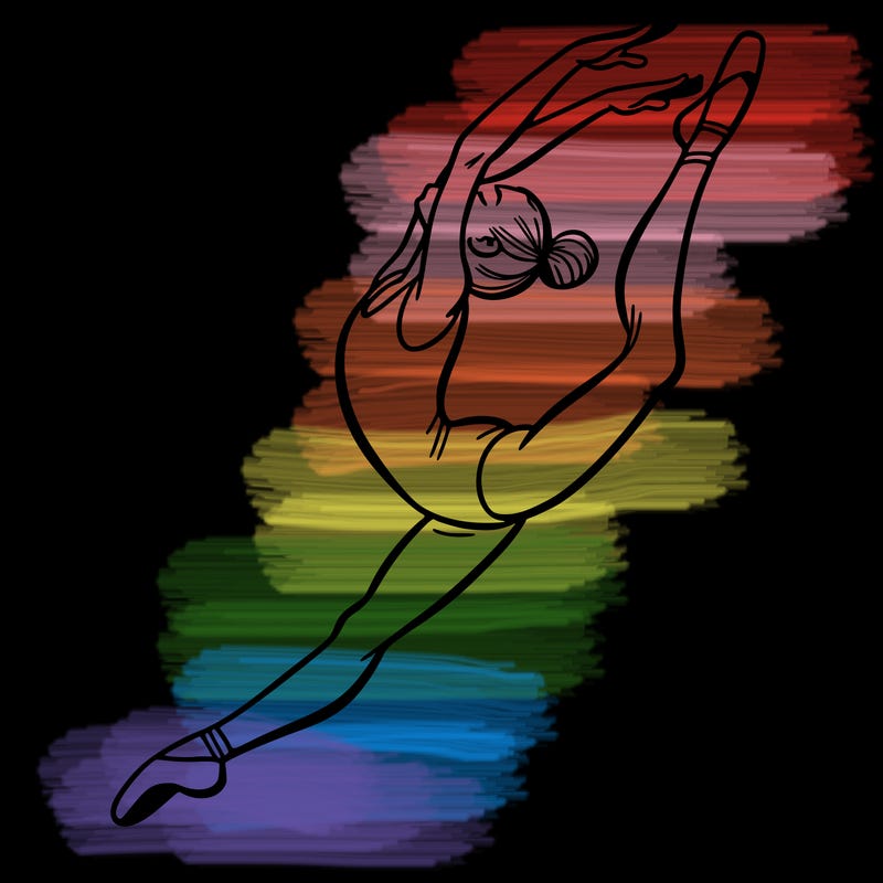 gymnast doing a leap in a leotard with a bent back leg