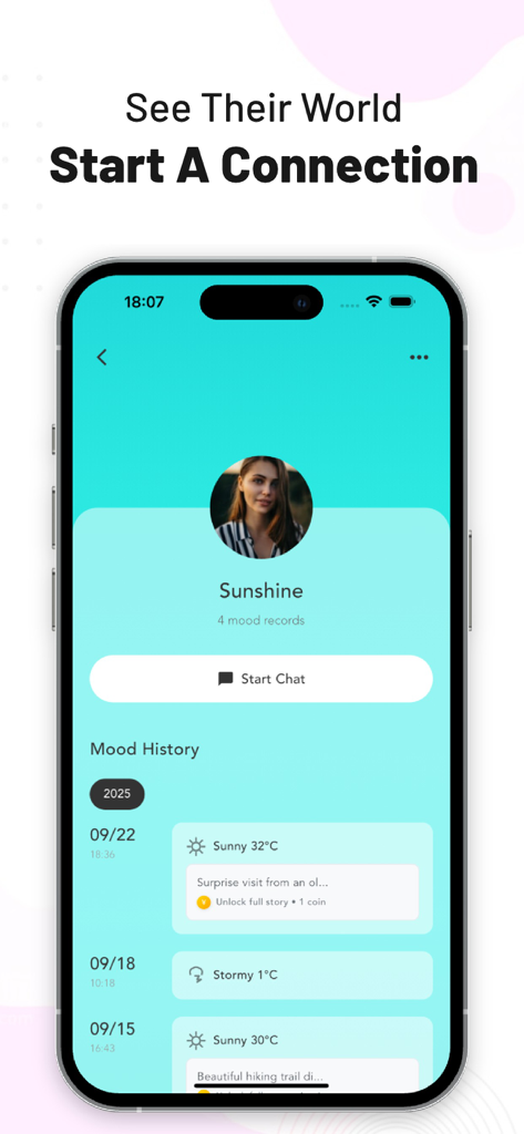 Salk: Share, Chat, Find Friend - 맑음, 폭풍우 등의 날씨 기호가 있는 기분 기록을 보여주는 Salk 앱 사용자 프로필