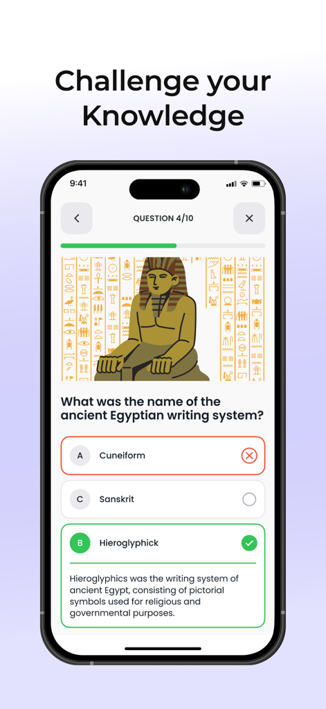 A history quiz question in the MyGrowth app asking about the name of the ancient Egyptian writing system with hierarchical options.