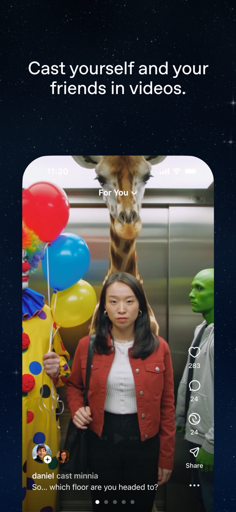 Schermata mobile dell'app Sora che mostra un utente inserito in un video surreale con una giraffa e un clown in un ascensore.