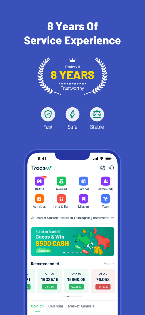 Trade W - Investment & Trading - Interface do aplicativo de investimento e negociação Trade W com banner de experiência de 8 anos de serviço e painel financeiro