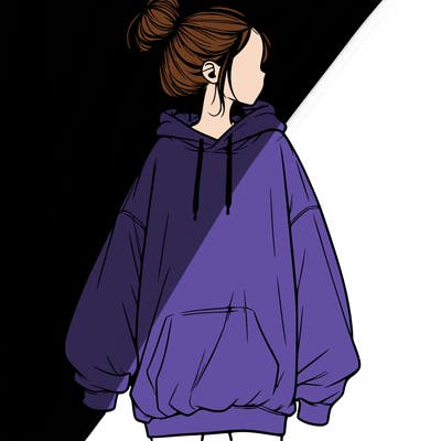 realistic girl with a oversized sweatshirt on and a bun