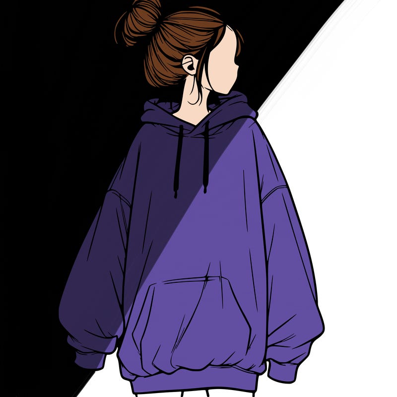 realistic girl with a oversized sweatshirt on and a bun