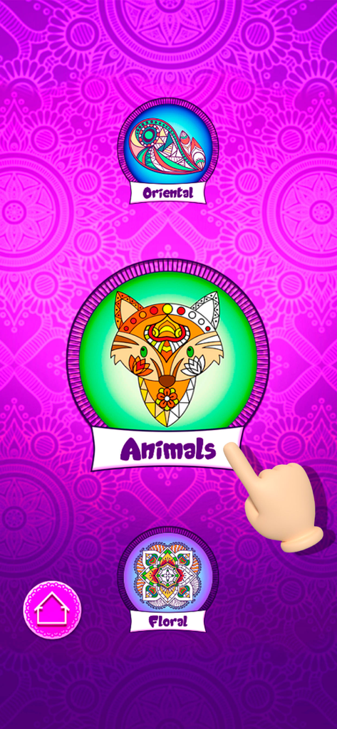 Mandala Coloring 2024 - Mandala coloring app menu screen showing categories for animals and floral designs