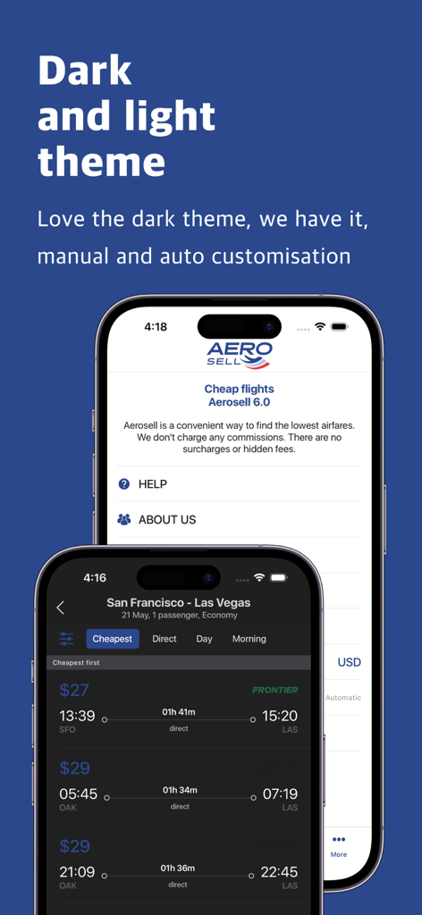 AeroSell - Cheap Flights Avia - サンフランシスコからラスベガスへのフライト検索結果を表示する、ダークモードとライトモードの両方のAeroSellアプリインターフェース