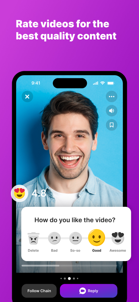 Chainstr: Video Chains - Smartphone screen showing a video rating feature with emoji feedback in the Chainstr app