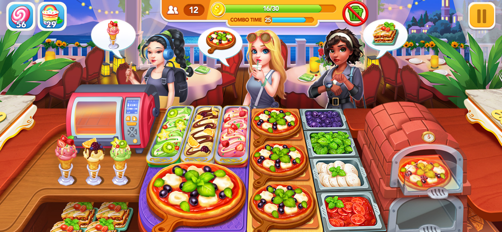 Una escena de juego de Cooking Frenzy Crazy Chef mostrando a un chef sirviendo pizza y helado a clientes en un restaurante al aire libre.