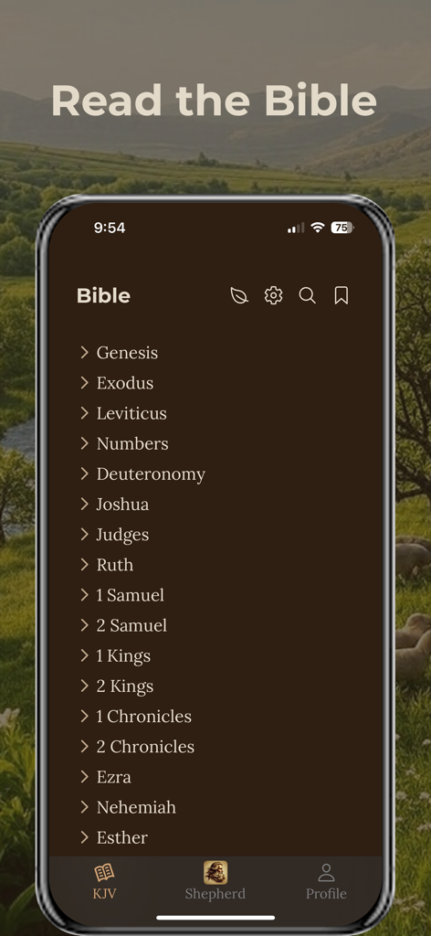 Shepherd Bible App - Interfaz de la App Bíblica Shepherd que muestra la lista de libros del Antiguo Testamento en un tema de Tonos Tierra.