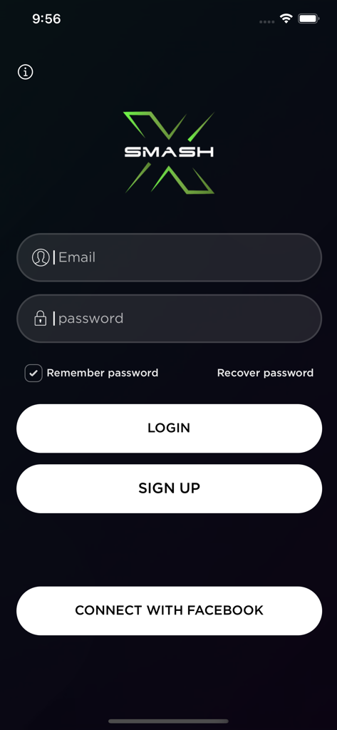 Smash X - Login screen for Smash X racket sports management app featuring email and password fields.
