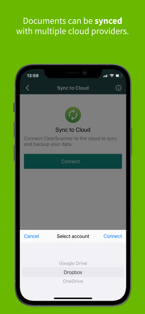 Interfaz de ClearScanner Pro para sincronizar documentos con proveedores de la nube como Google Drive y Dropbox