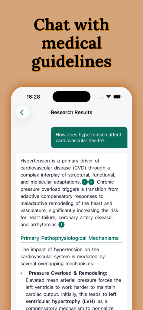 Dr Atlas AI Chat with Evidence - Dr Atlas AI mobile app interface showing a detailed medical answer about hypertension with numbered research citations.
