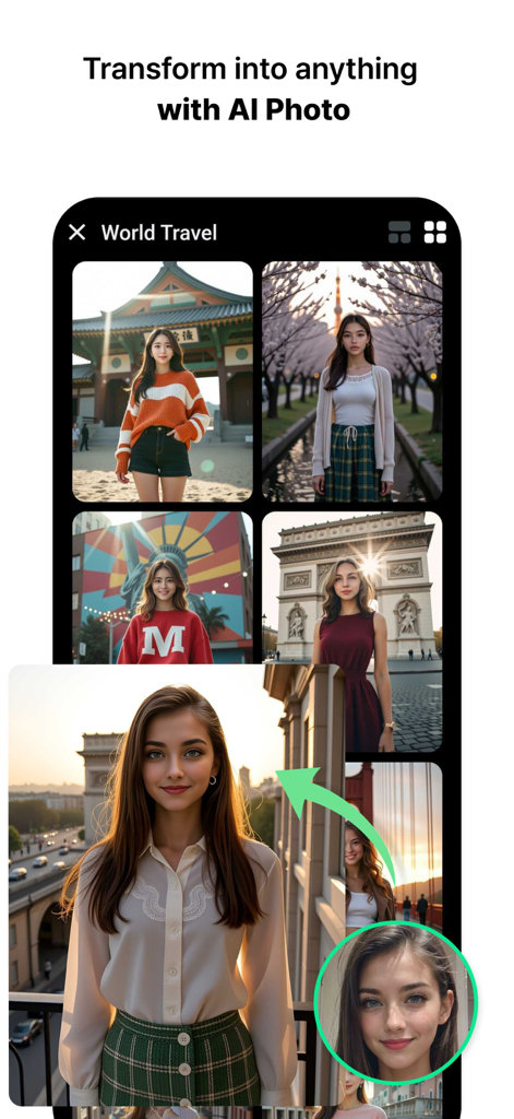 MeeAww - AI Photo Editor - MeeAww app interface showing AI powered world travel photo transformations