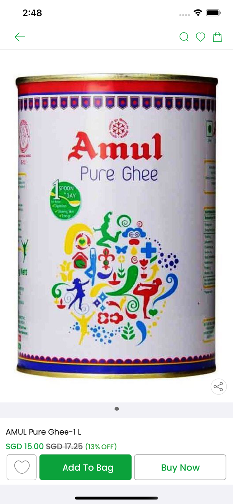 Waangoo - Amul Pure Ghee 1L product page on the Waangoo grocery shopping app