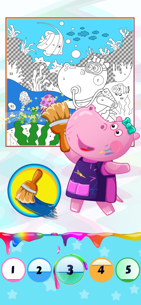 A pink hippo character painting a color by number underwater scene with fish and coral