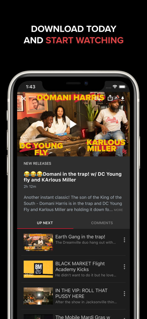 Um smartphone exibindo o player de vídeo do aplicativo Channel 85 com DC Young Fly e Karlous Miller, com uma lista de vídeos em seguida.