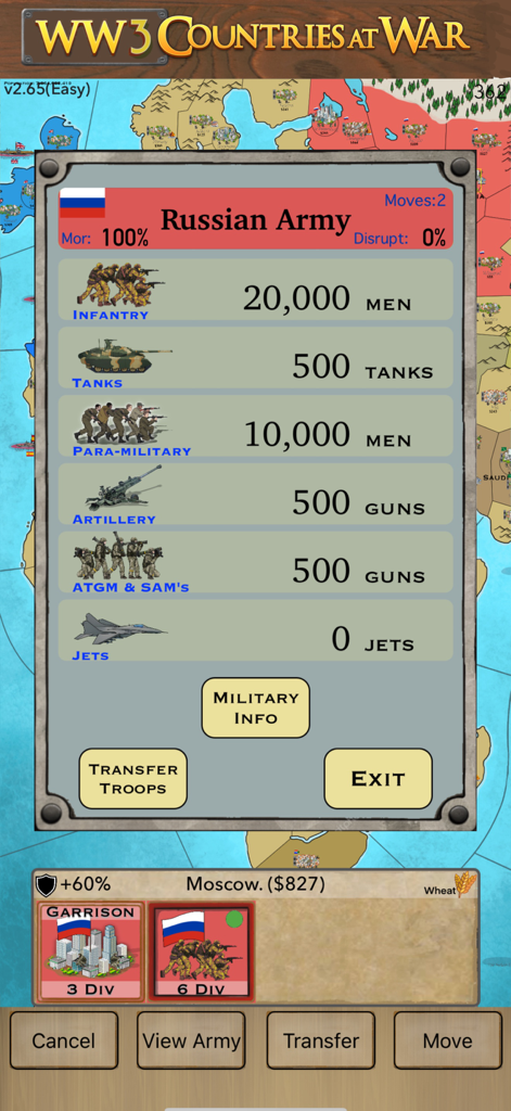 WW3 Countries at War - Russian Army unit management screen showing infantry tanks and artillery counts in the WW3 Countries at War strategy game