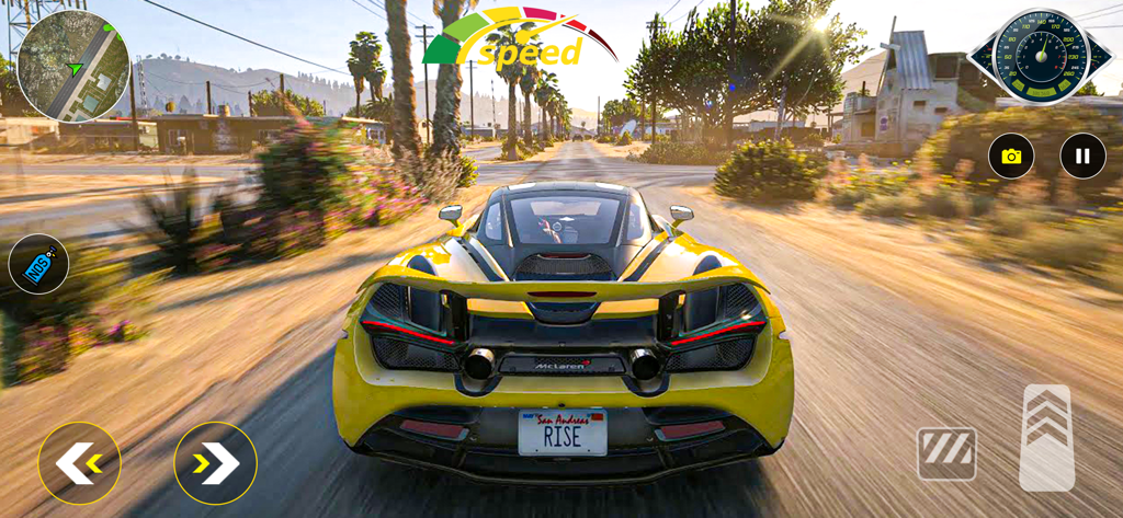 Real Highway Car Driving game - Carro esportivo amarelo dirigindo em uma rodovia ensolarada em um simulador de direção realista