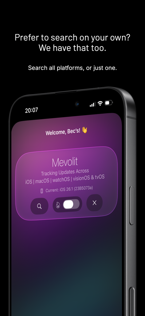 Mevolit - Device Updates - Mevolit app manual search interface for tracking Apple software updates across multiple platforms