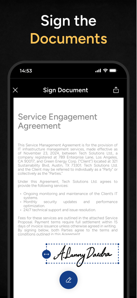 Interfaz de la aplicación móvil que muestra una firma digital agregándose a un documento de acuerdo de servicio.